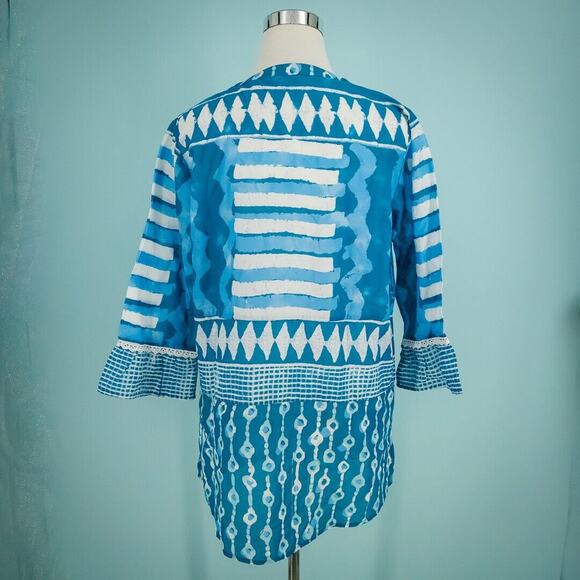 Soft Surroundings Size Medium M Lusi Blue Ikat Print 3/4 Sleeve Cotton Tunic Top - Picture 4 of 7